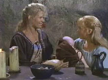 pandora and gabrielle with baby in tavern